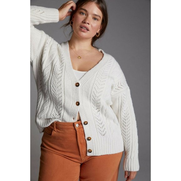 Anthropologie Sweaters - NWT Anthropologie Classic Pointelle Cardigan Sweater 2X Chunky Knit Ivory $130